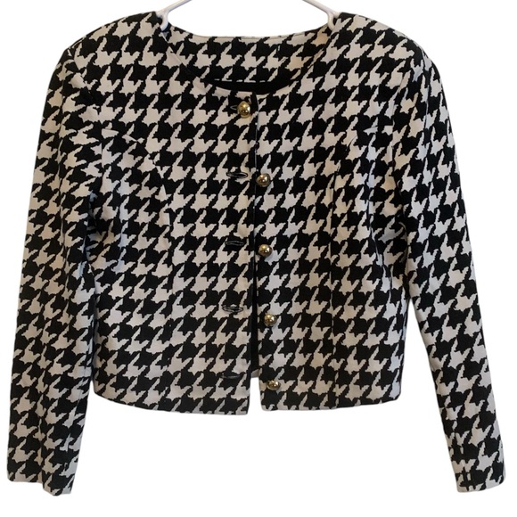 Houndstooth F21 checkered print cropped gold button black white classy jacket SM - Picture 2 of 11